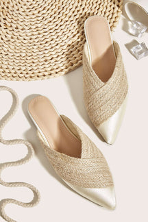 Mules plates en satin et paille beige soleil