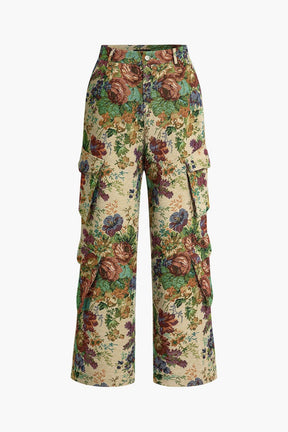 Pantalon cargo à motif floral vintage soleil