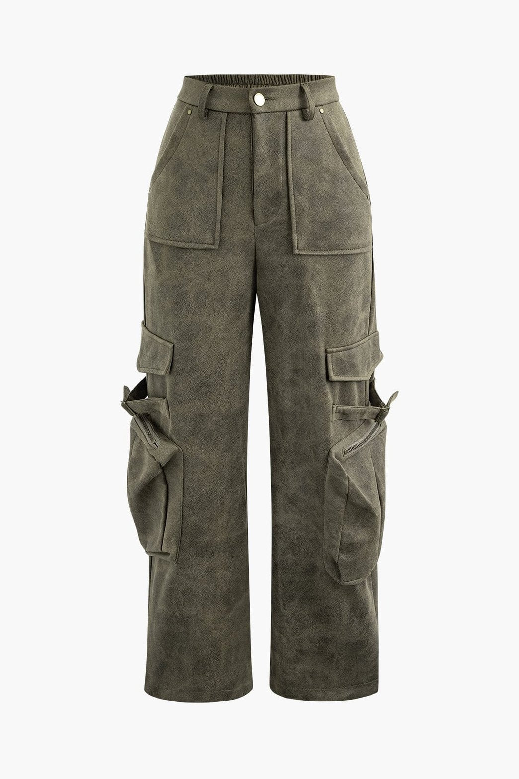 Pantalon cargo kaki en daim synthétique vue face soleil
