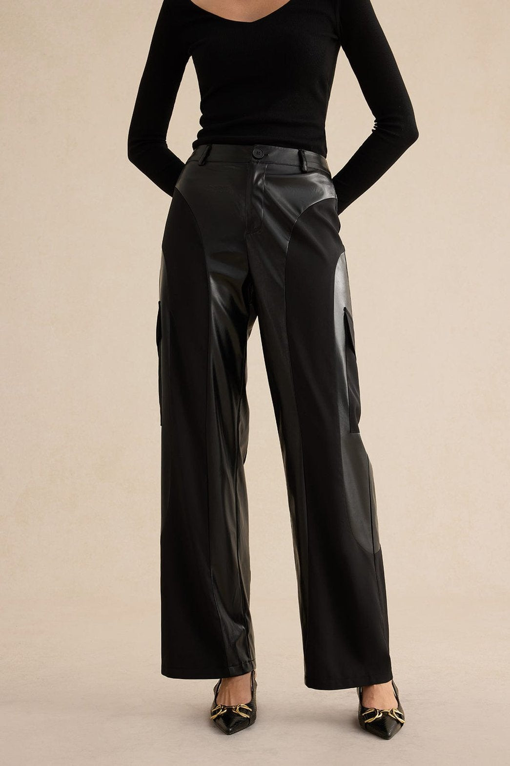 Pantalon patchwork noir en simili cuir élégant jazz