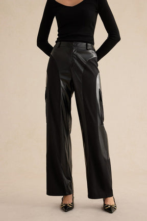 Pantalon patchwork noir en simili cuir élégant jazz