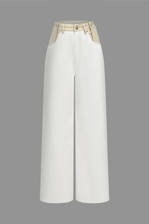 Pantalon large bicolore blanc et beige doux