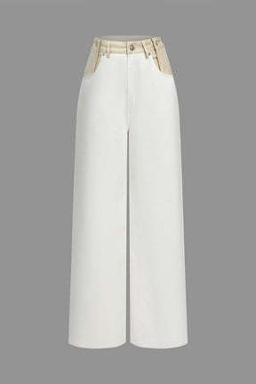 Pantalon large bicolore blanc et beige doux