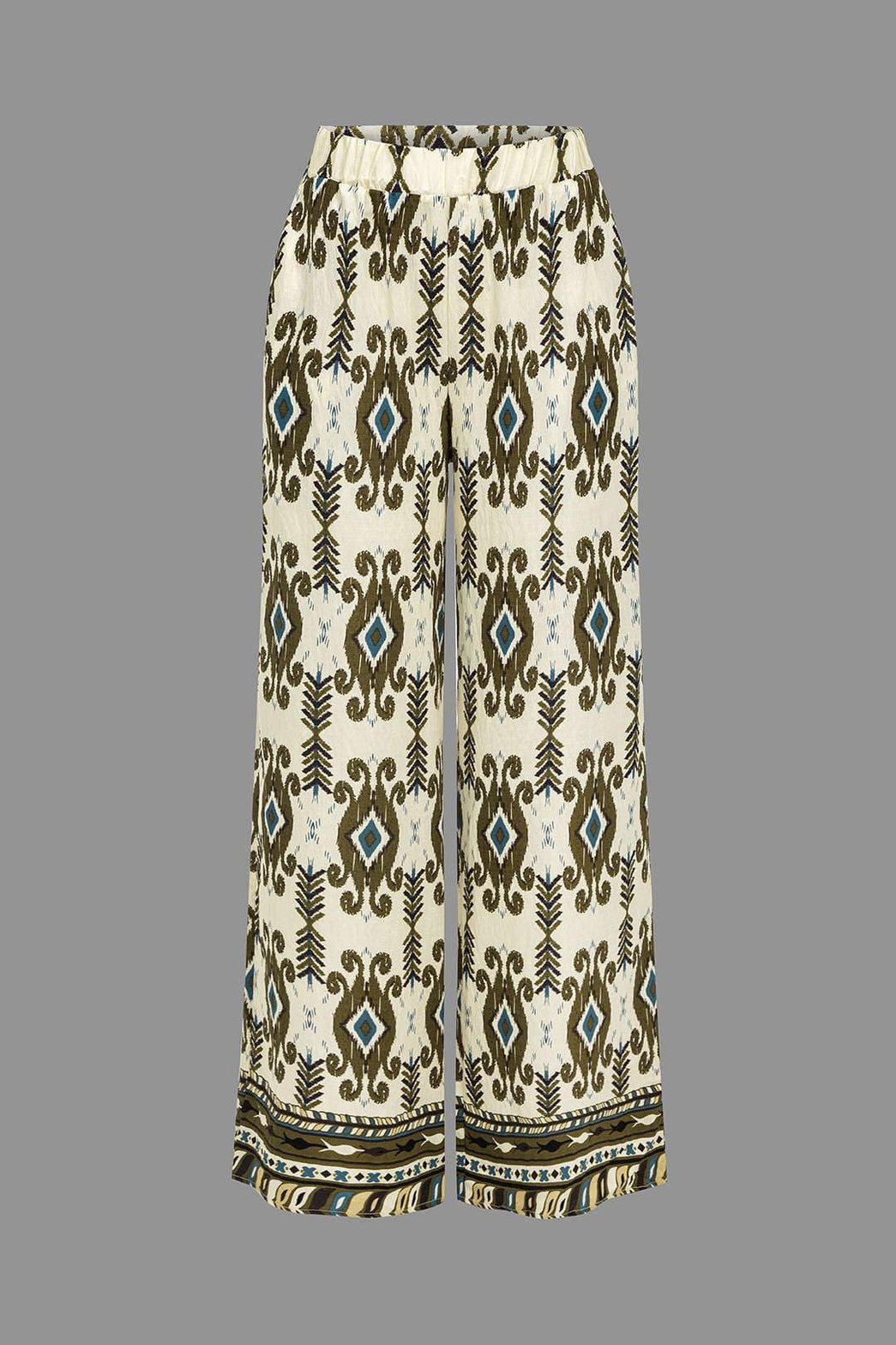 Pantalon bohème imprimé ethnique beige soleil