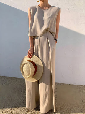 Pantalon lin beige élégant soleil