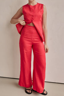 Pantalon large en lin rouge corail soleil