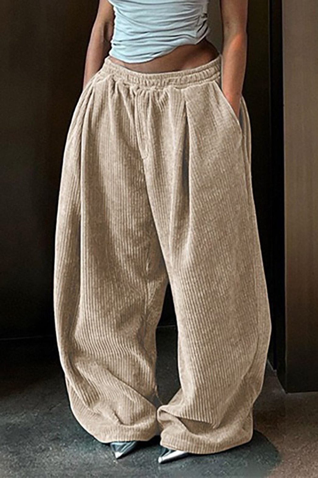 Pantalon large velours côtelé beige douceur