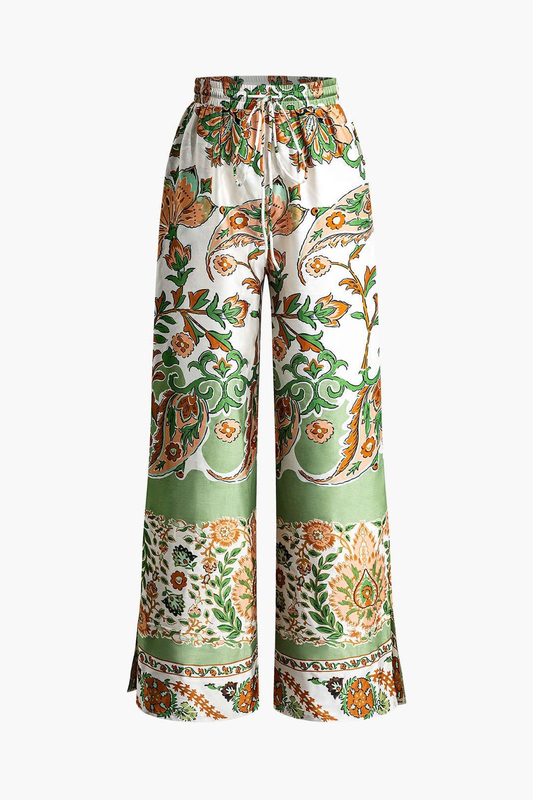 Pantalon fleuri vert et orange soleil