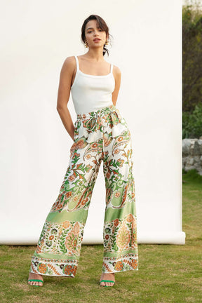 Pantalon bohème vert et blanc cristal