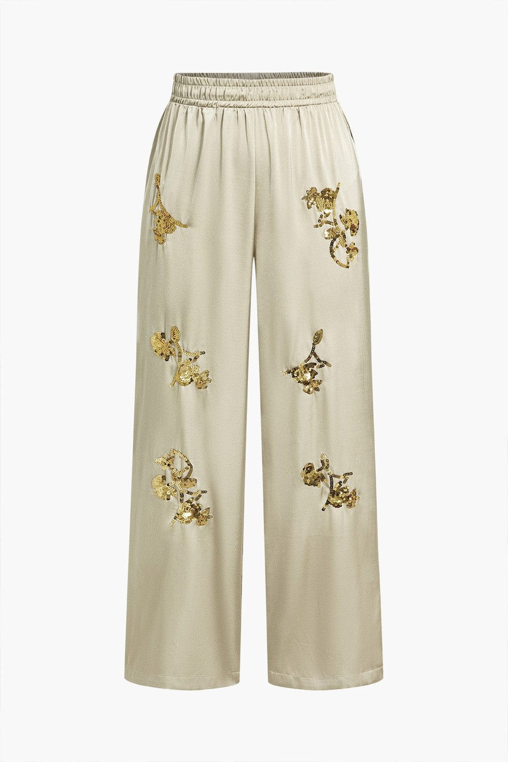 Pantalon large pailleté beige élégant papillon