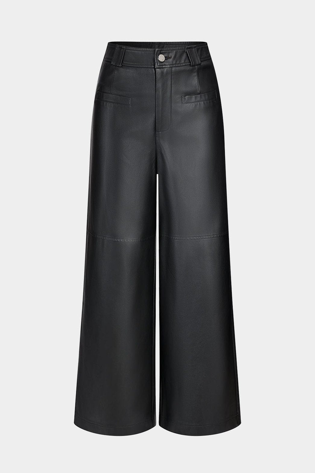 Pantalon palazzo noir effet cuir vue face soleil