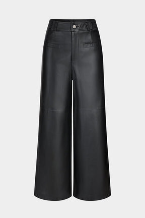 Pantalon palazzo noir effet cuir vue face soleil