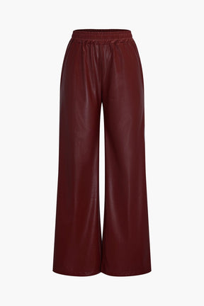 Pantalon large simili cuir marron détail poche nuage