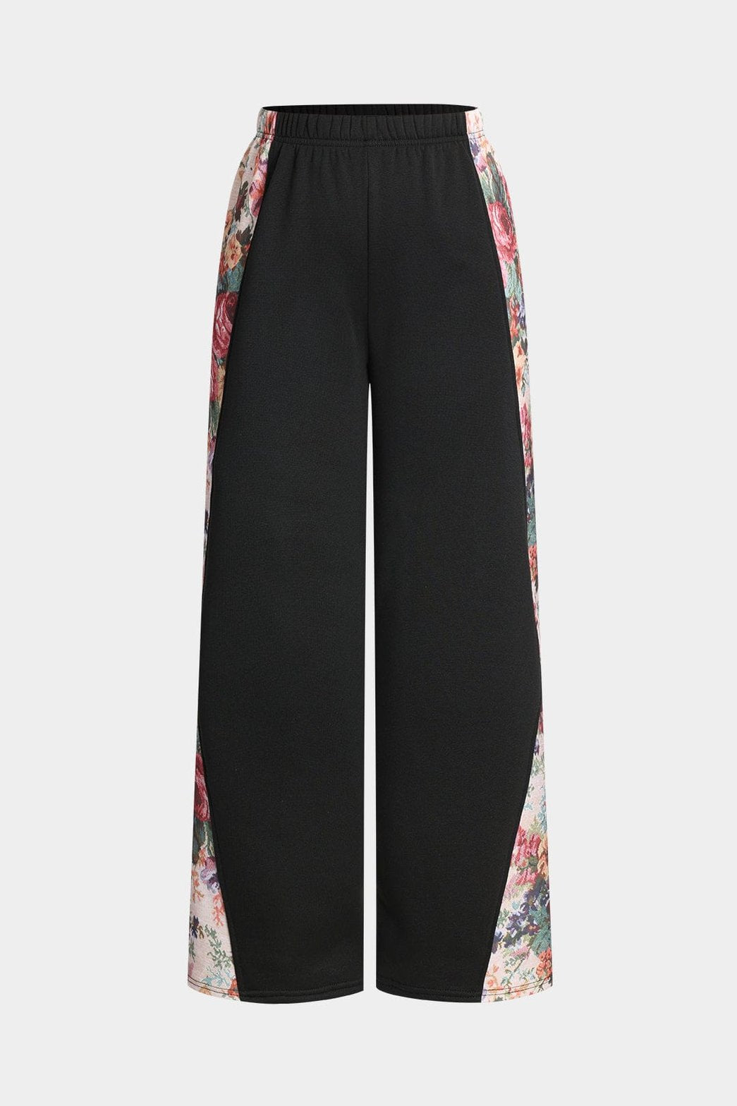Pantalon palazzo noir à motifs floraux vue face soleil