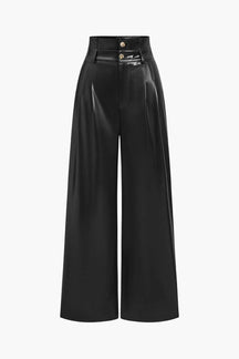 Pantalon palazzo simili cuir détail taille haute rock