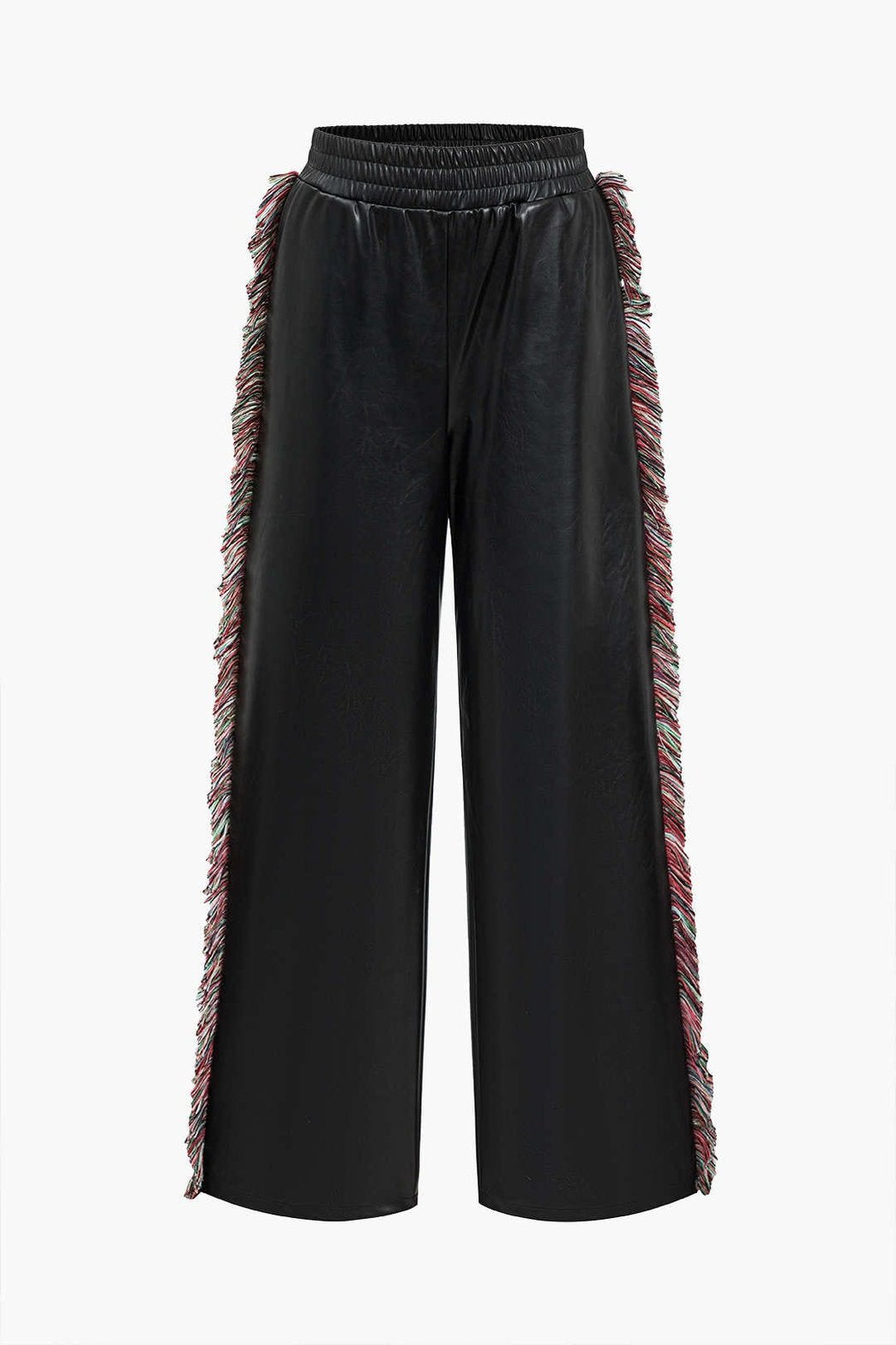 Pantalon noir en simili cuir à franges latérales étoile