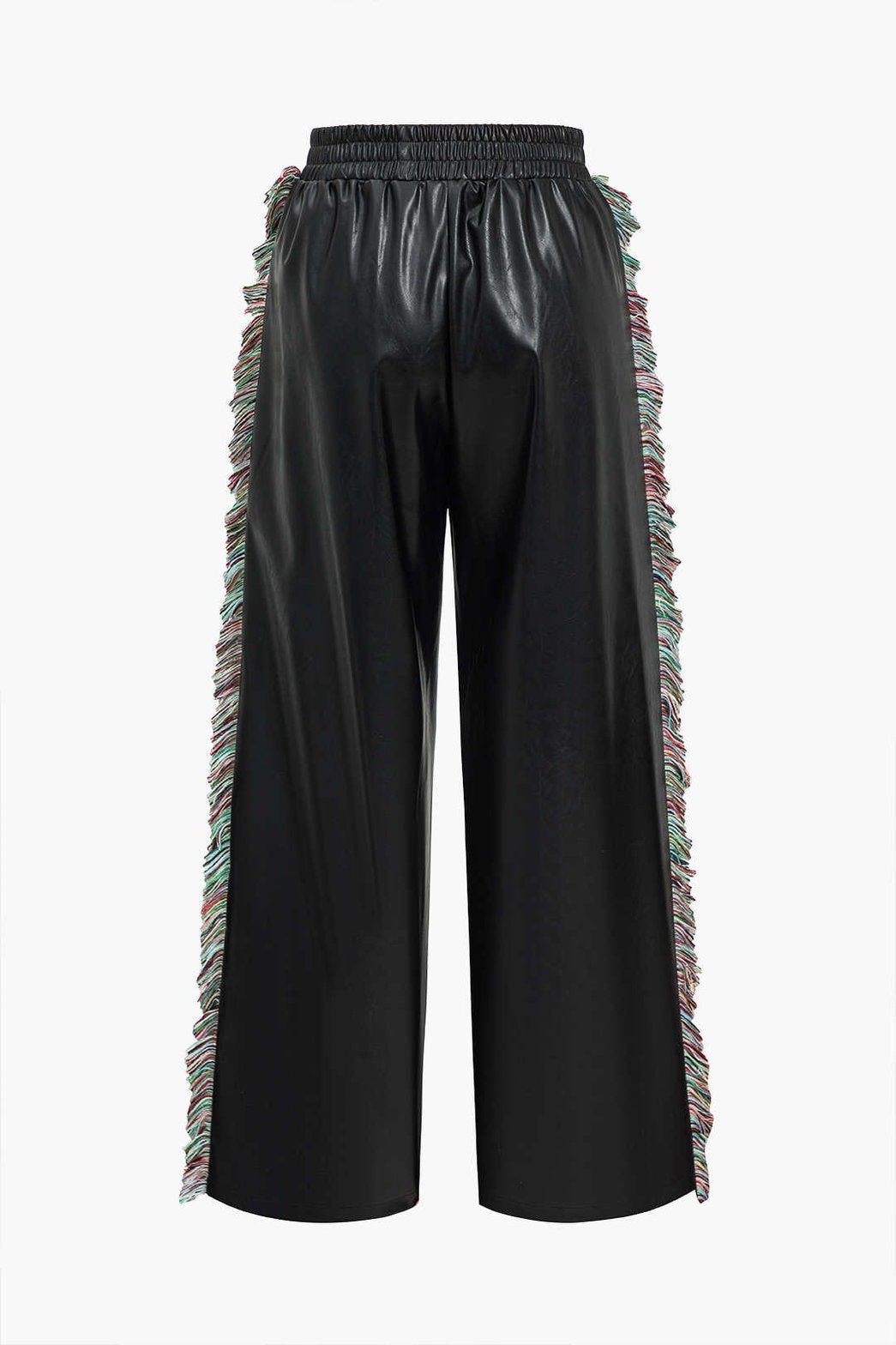Vue de côté du pantalon en faux cuir avec franges lune
