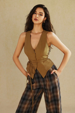 Pantalon tartan marron vue ensemble lune