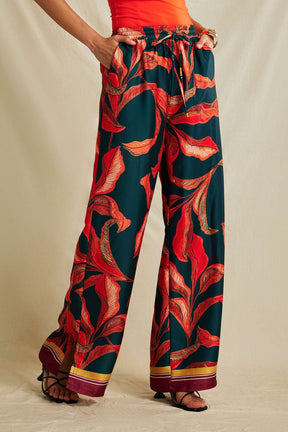 Pantalon ample imprimé tropical bordure contrastée lumière