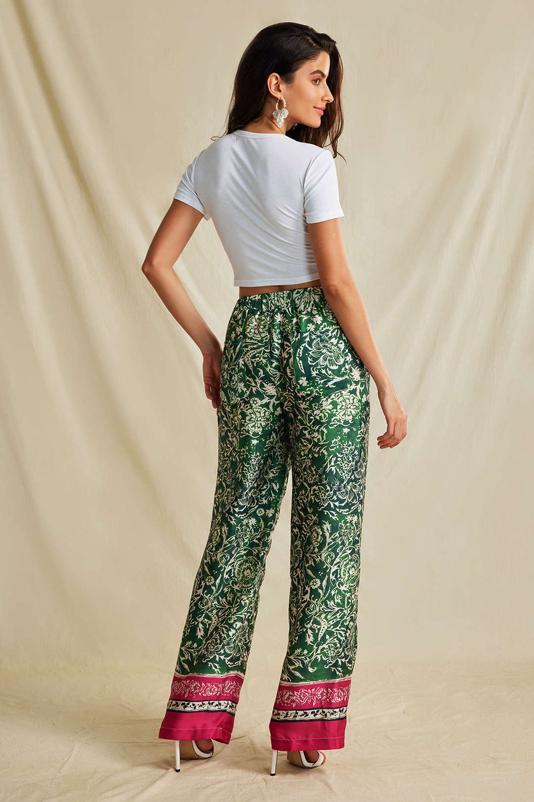 Pantalon palazzo imprimé floral vert cristal