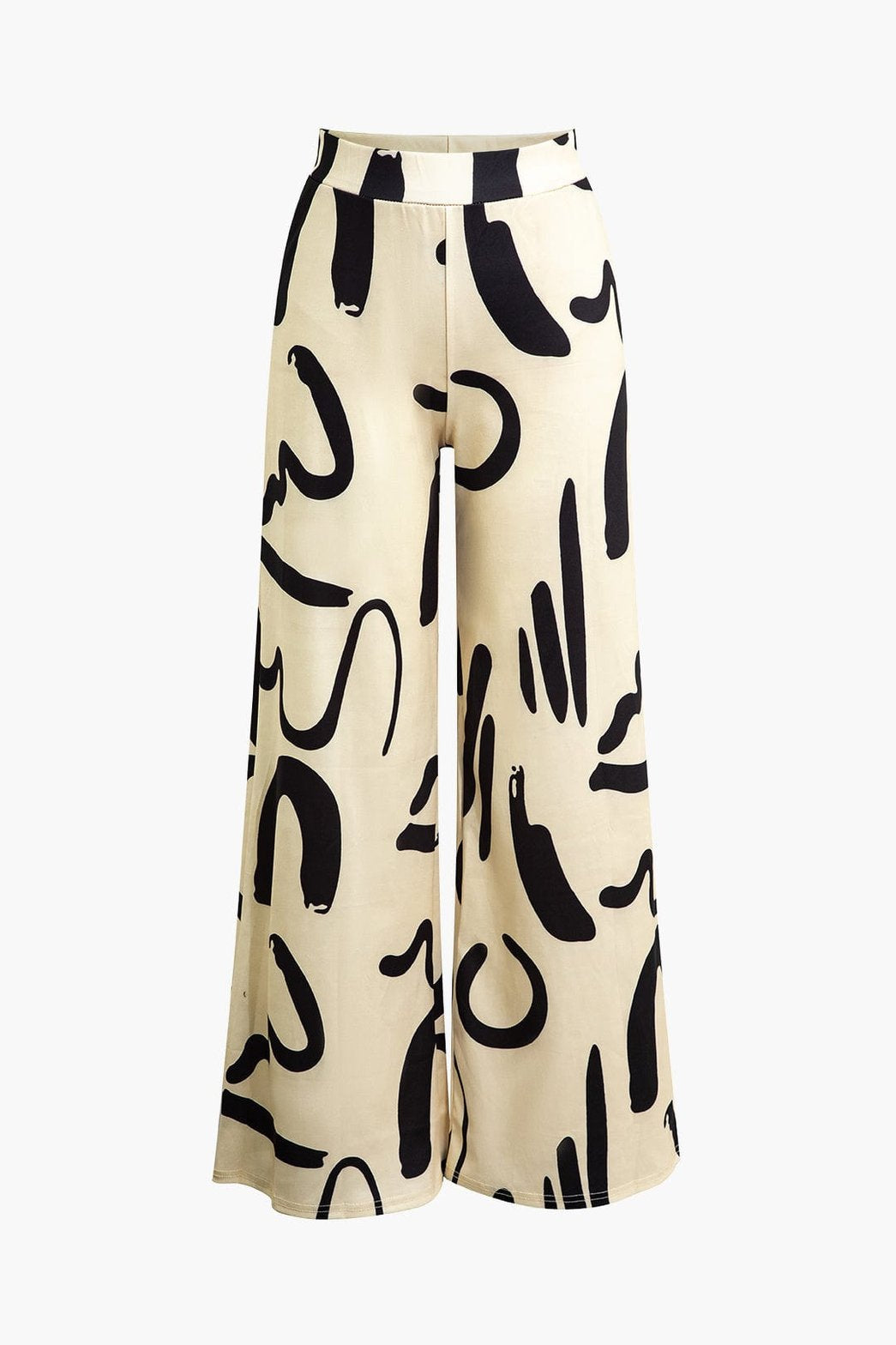 Pantalon palazzo beige motif abstrait noir soleil