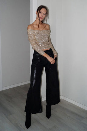 Pantalon pailleté taille haute lune