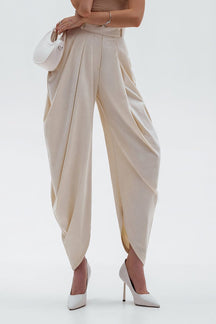 Pantalon drapé beige taille haute velours