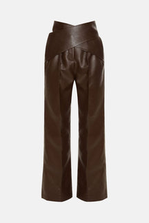 Pantalon taille haute en similicuir marron design croisé étoile
