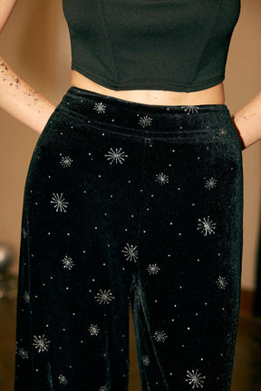 Pantalon velours noir motif flocons étoilés doux
