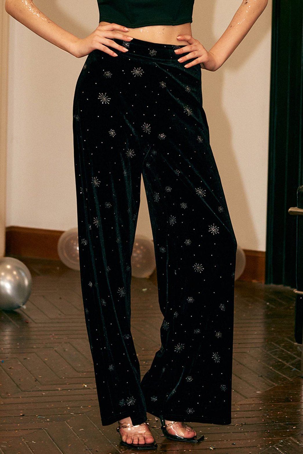Pantalon velours noir détails flocons chic