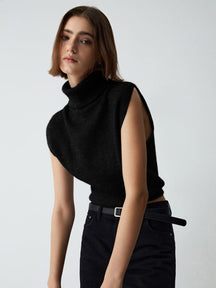 Pull col roulé gris sans manches vue détail maille lune