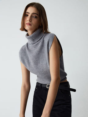 Pull col roulé gris sans manches vue de face soleil
