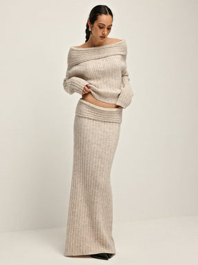 Pull tricot beige épaules dénudées douceur