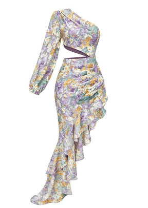 Robe asymétrique motif floral légèreté