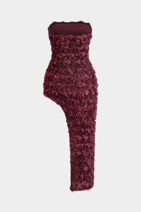 Robe bustier asymétrique fleurie bordeaux soie