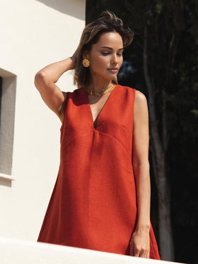 Robe lin col V rouge brique liberté