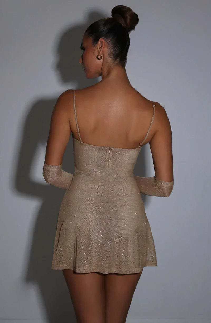 Robe courte kaki pailletée vue dos brille