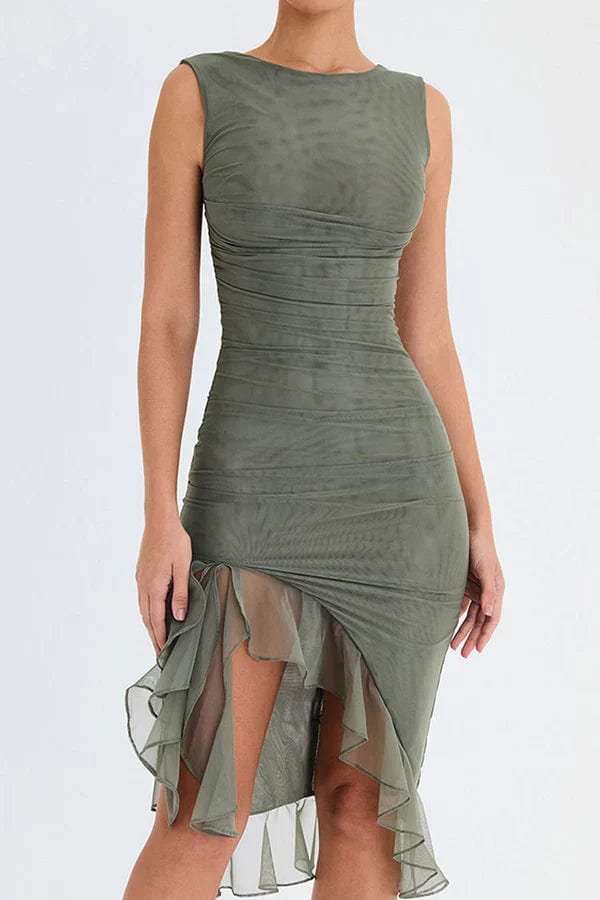 Robe Fourreau Élégante à Volants et Col Bateau