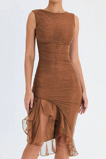 Robe Fourreau Élégante à Volants et Col Bateau
