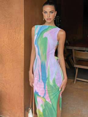 Robe longue imprimé aquarelle multicolore effet peinture soleil