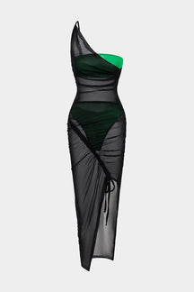 Robe longue asymétrique en tulle noir étoile