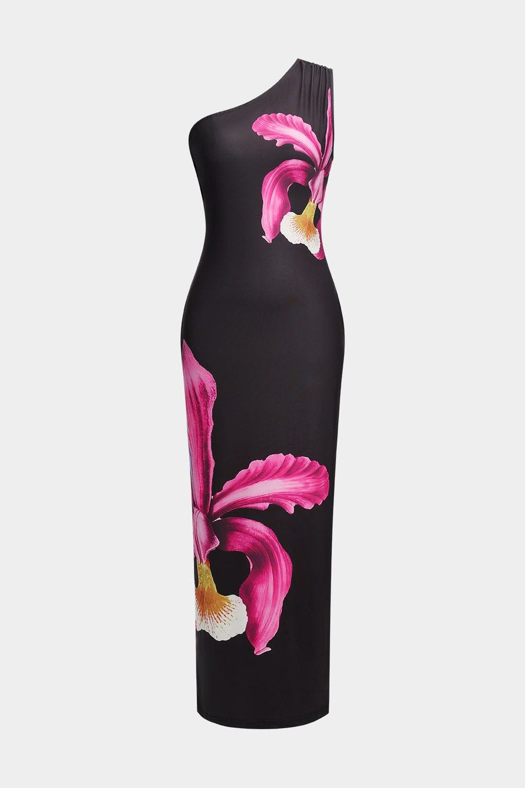 Robe longue asymétrique noire à motif floral rose splendide