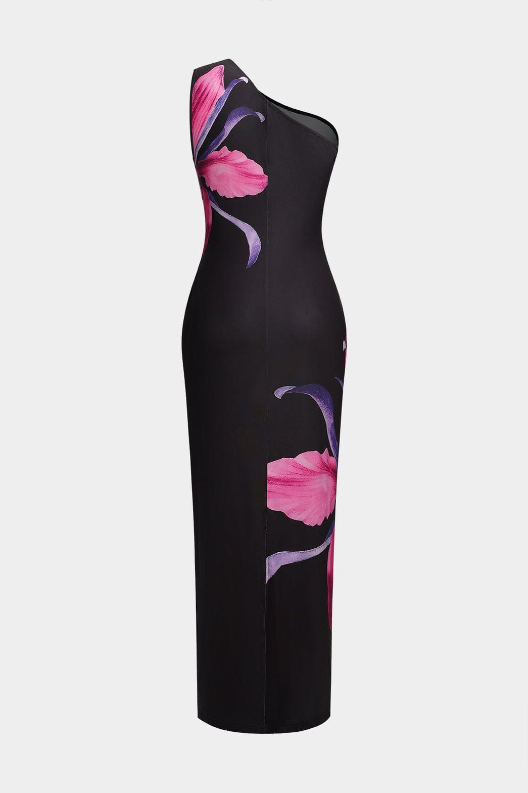 Robe longue asymétrique noire à fleurs roses élégante