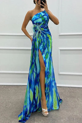 Robe Longue Asymétrique Imprimée à Fente