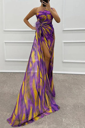 Robe Longue Asymétrique Imprimée à Fente