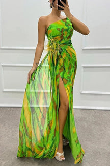 Robe Longue Asymétrique Imprimée à Fente