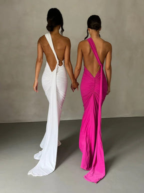 Robe de soirée rose asymétrique montagne