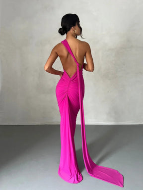 Robe de soirée asymétrique rose vent