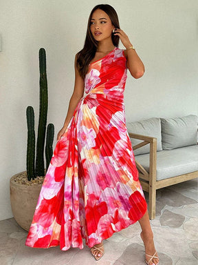 Robe longue asymétrique fleurie rouge soleil