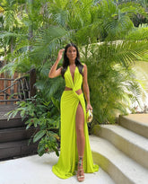 Robe longue élégante fendue citron